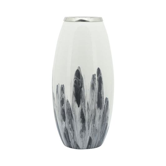Glass, 18"h Vase W/ Metal Ring, White