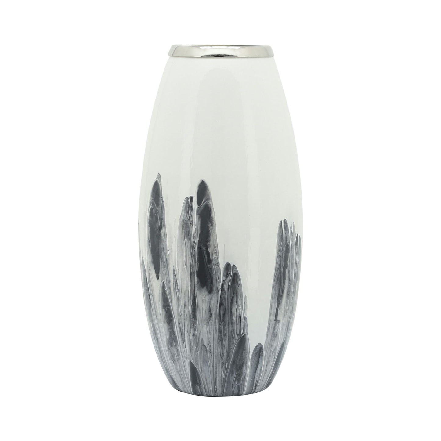 Glass, 18"h Vase W/ Metal Ring, White