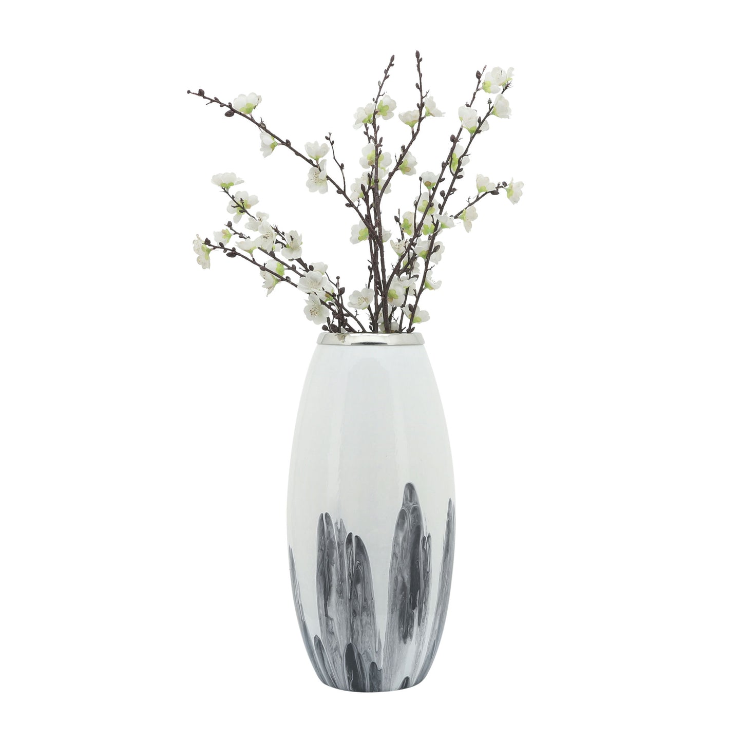 Glass, 18"h Vase W/ Metal Ring, White