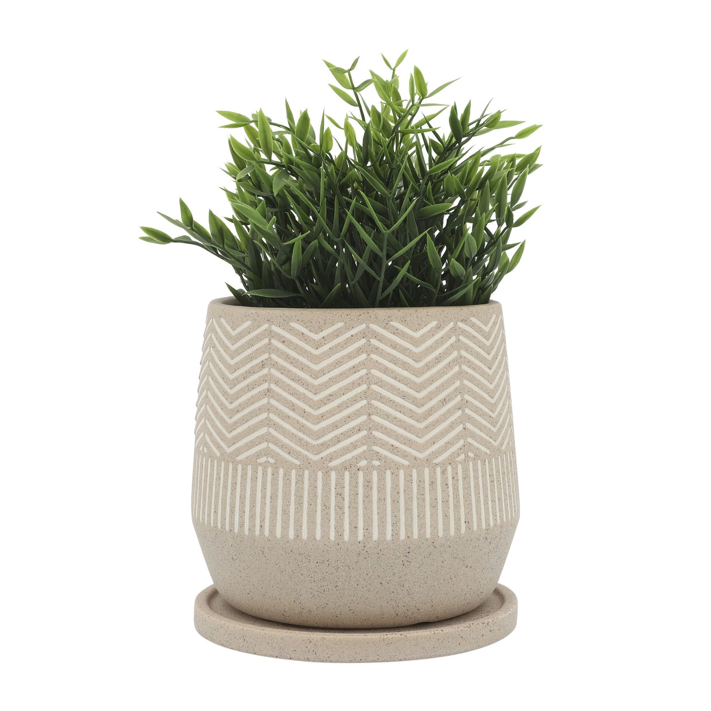 Cer, S/2 7/10"d Stripes Planters W/ Saucer, Tan