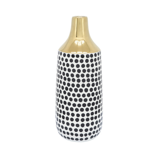 Cer, 16"h Polka Dots Vase, Gold/white