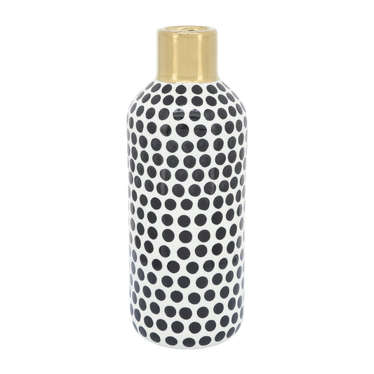 Cer, 12"h Polka Dots Vase, Gold/white