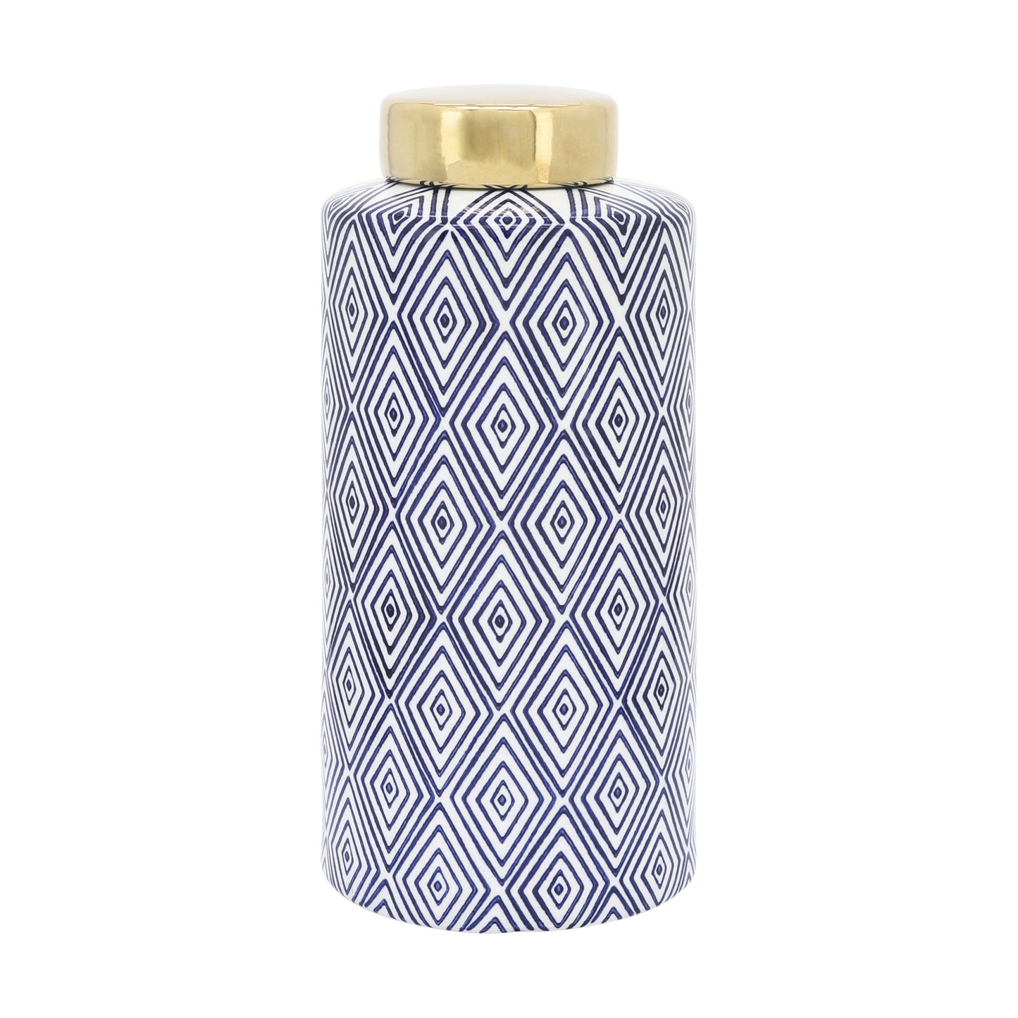 Cer, 9"h Diamond Jar W/ Lid, Blue