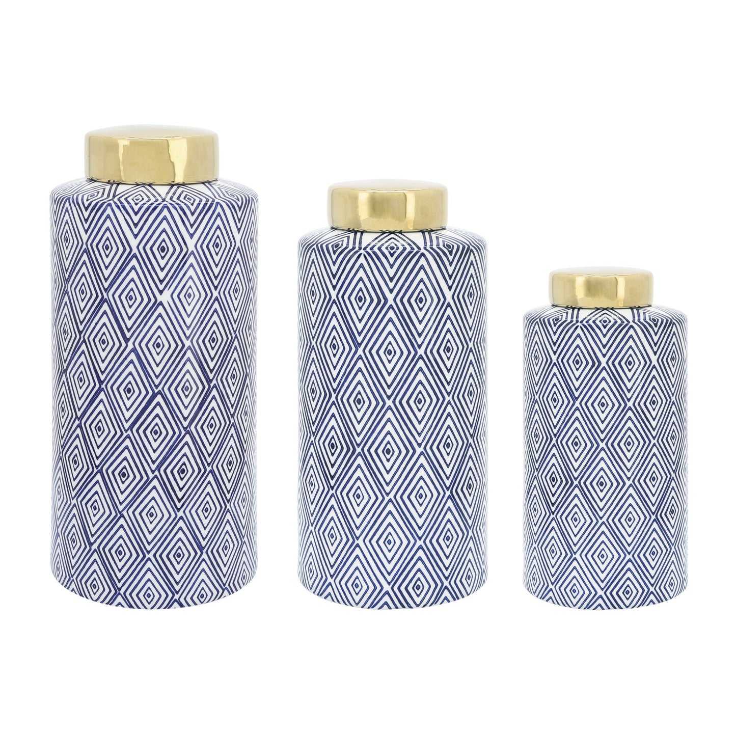 Cer, 9"h Diamond Jar W/ Lid, Blue