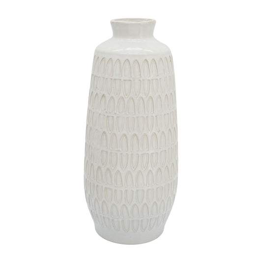 Cer, 15"h Carved Vase, Beige