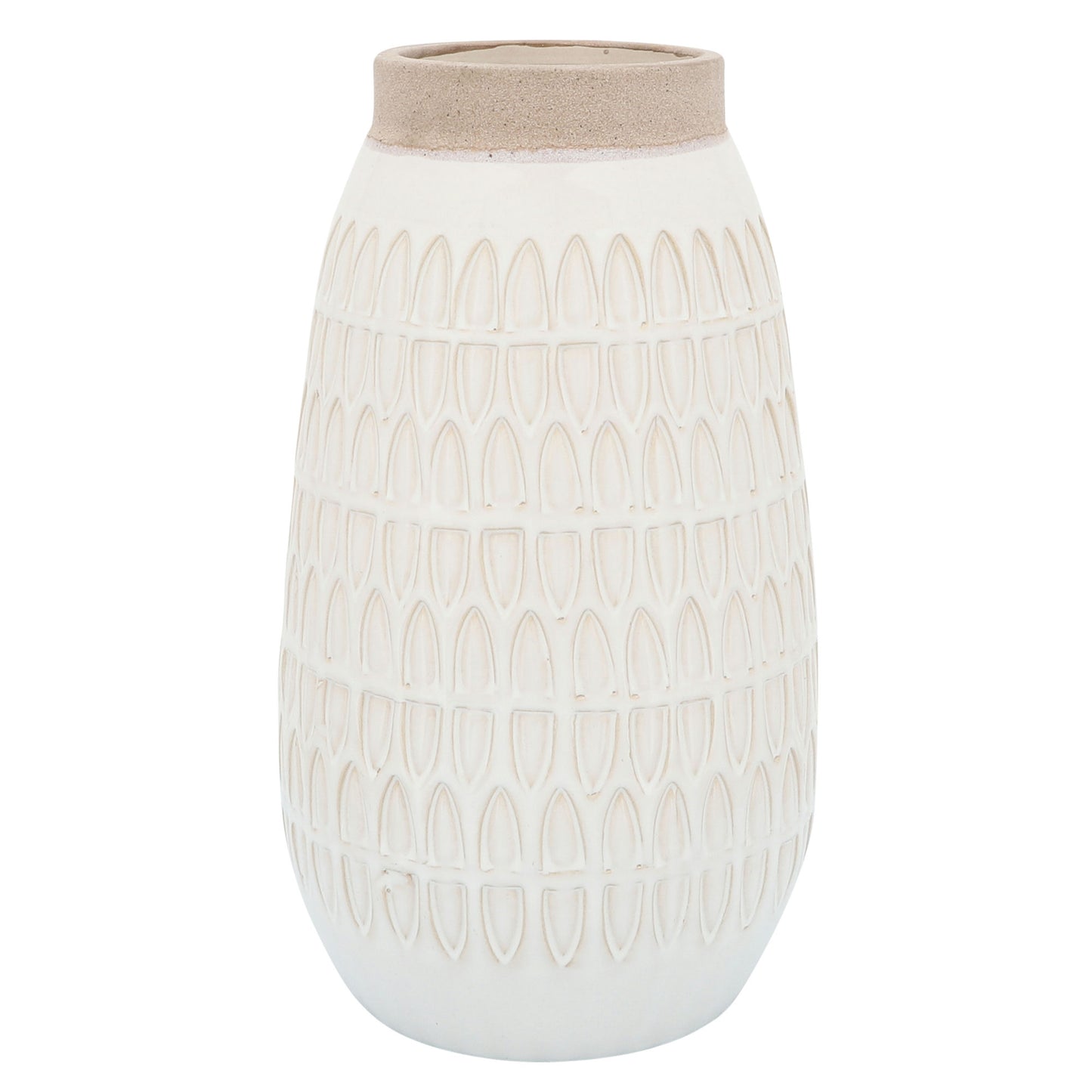 Cer, 12"h Carved Vase, White with Beige Top