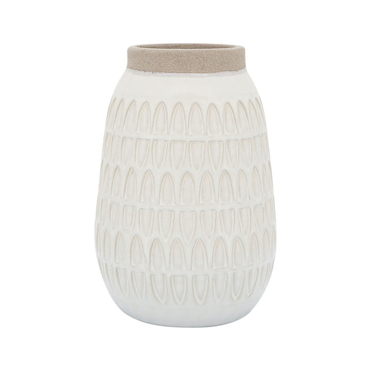 Cer, 8"h Carved Vase, Beige