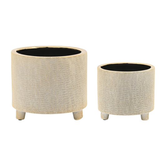 Cer, S/2 6/8" Footed Scratched Planters, Champagne