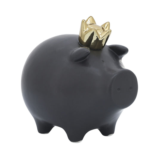 Cer, 6" Pig With Crown, Black