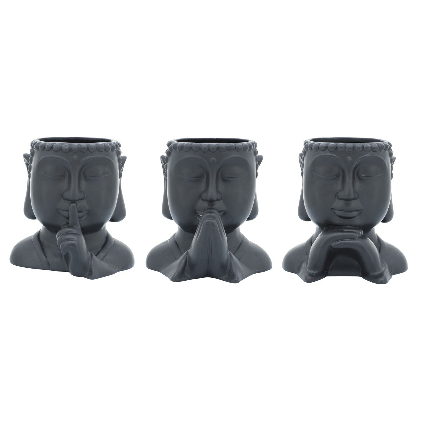 Cer, S/3 7"h Buddha Head Planters, Black