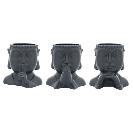 Cer, S/3 7"h Buddha Head Planters, Black