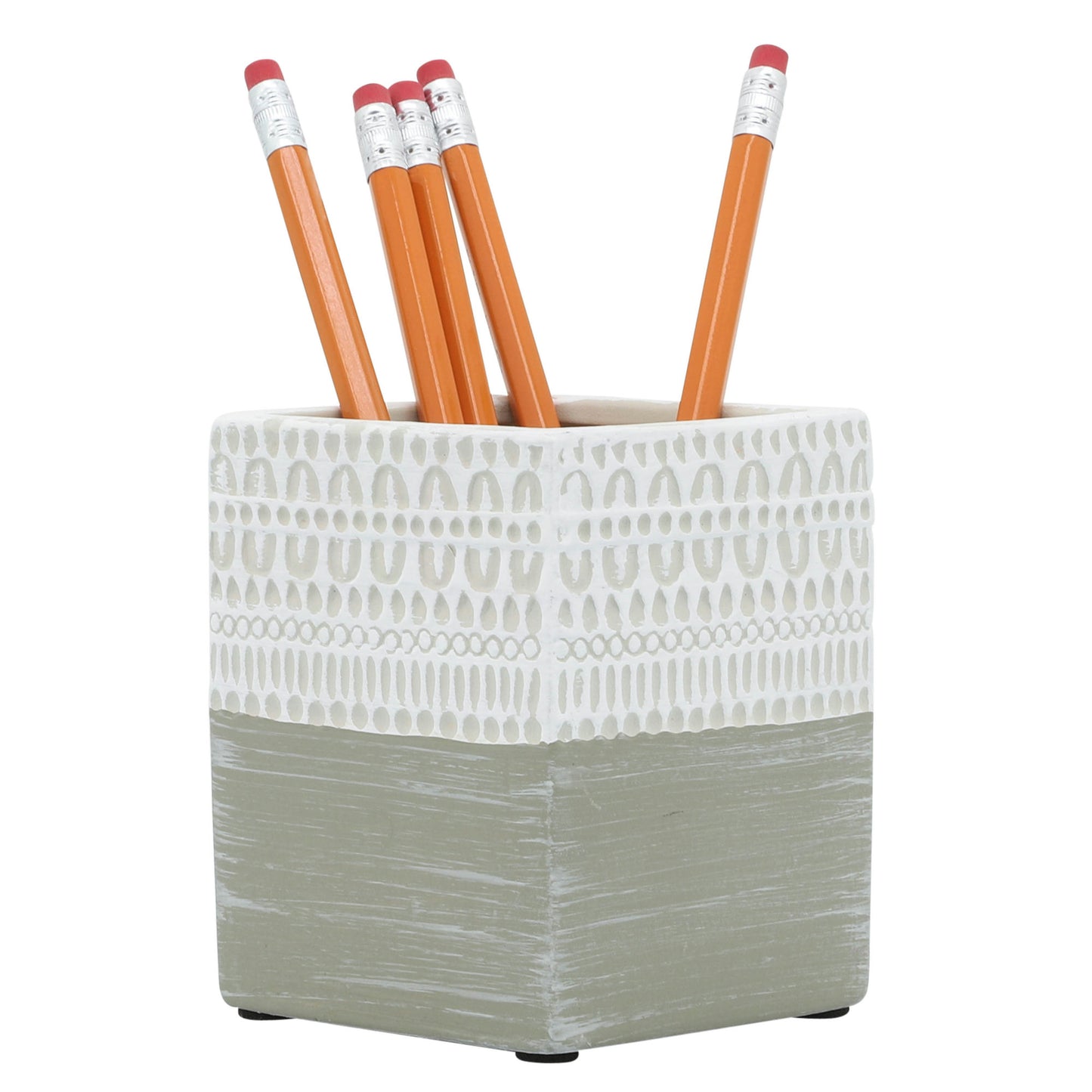 Cer, 4"h Aztec Pen Holder, White/gray