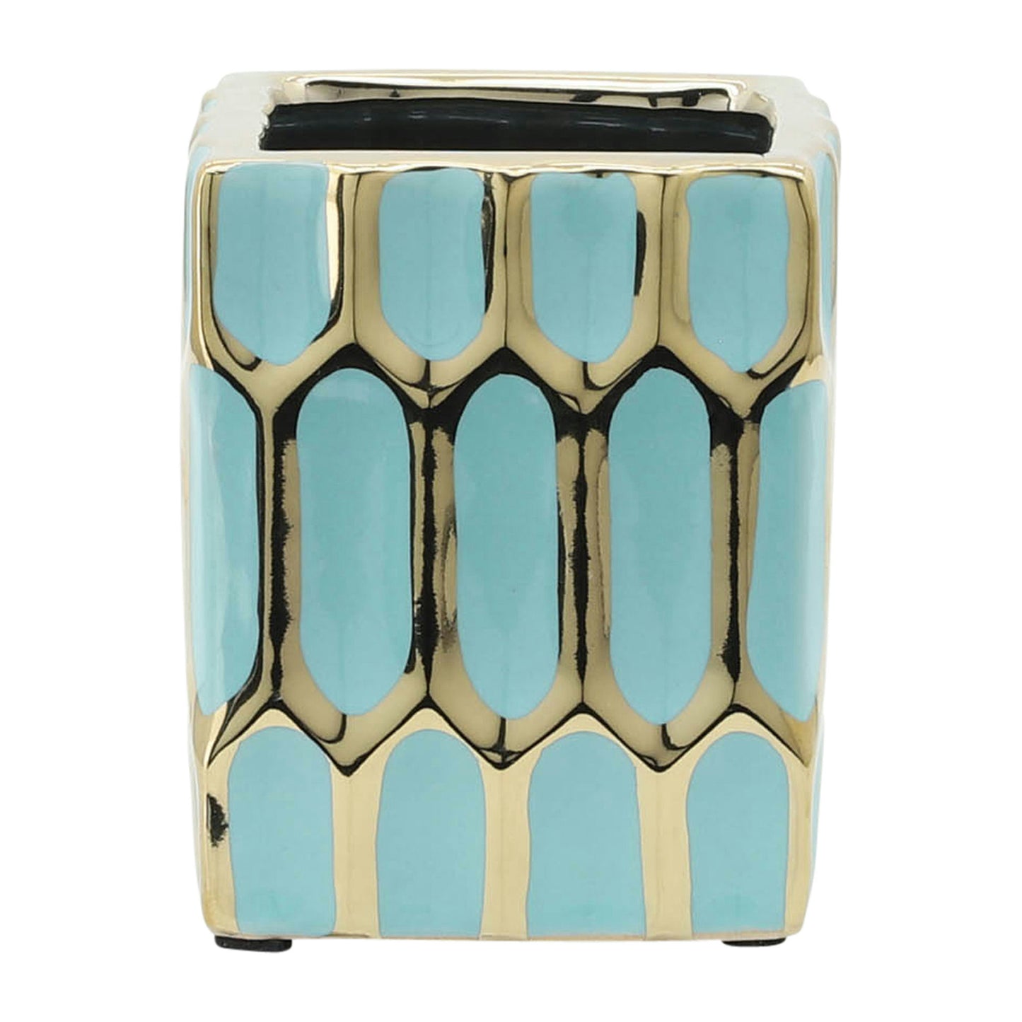 Cer, 4"h Pen Holder, Mint/gold