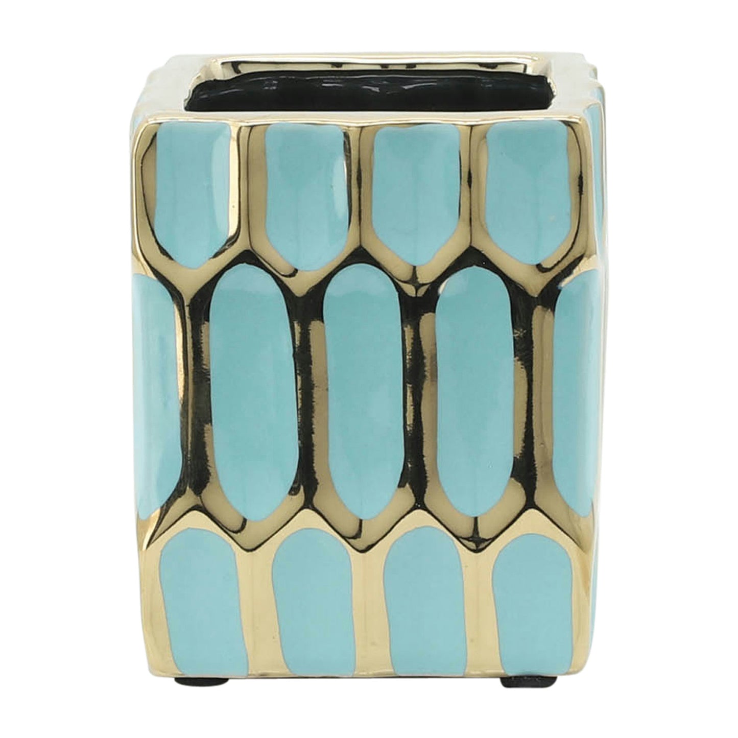 Cer, 4"h Pen Holder, Mint/gold