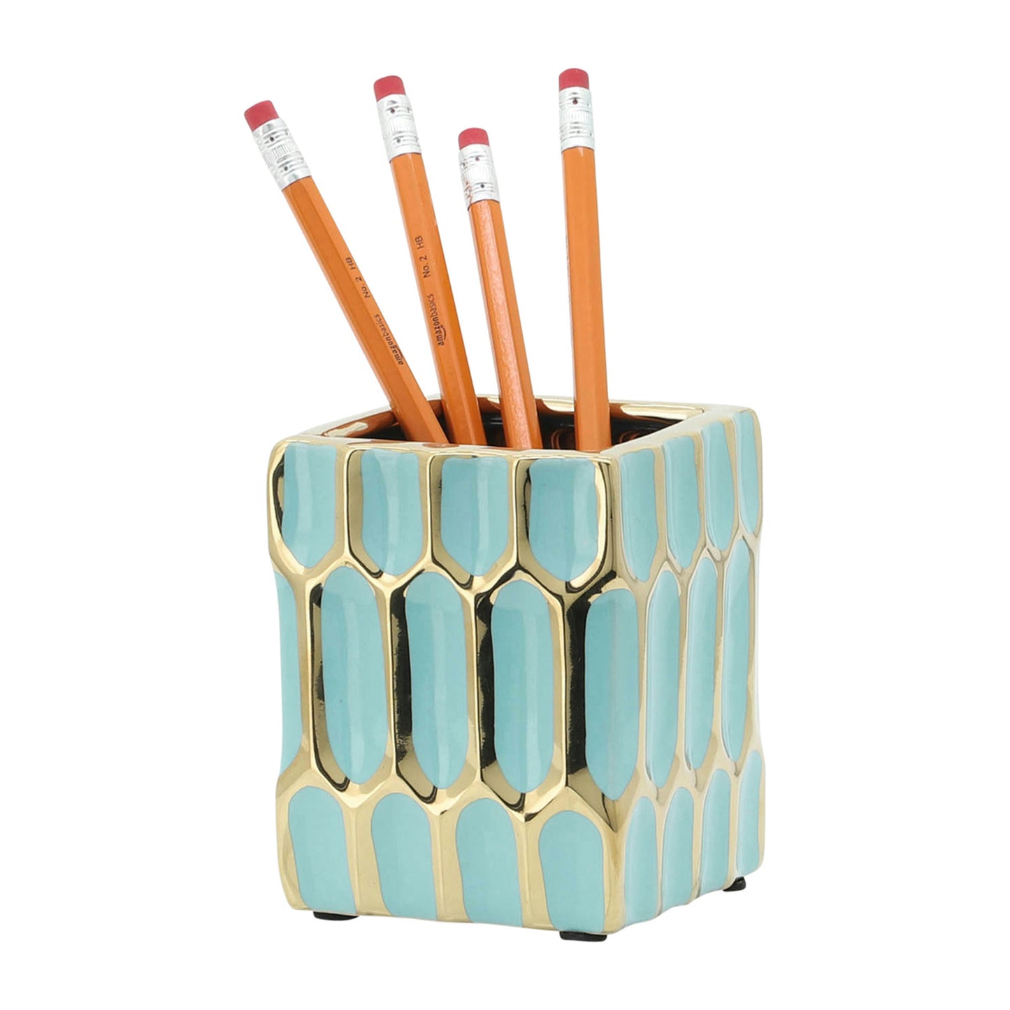 Cer, 4"h Pen Holder, Mint/gold