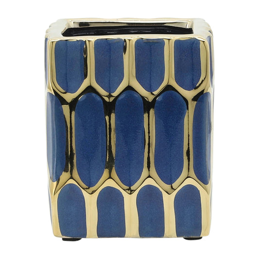 Cer, 4"h Pen Holder, Blue/gold