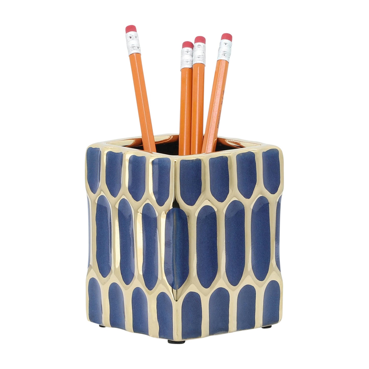 Cer, 4"h Pen Holder, Blue/gold