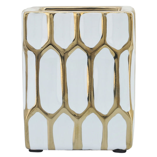 Cer, 4"h Pen Holder, White/gold