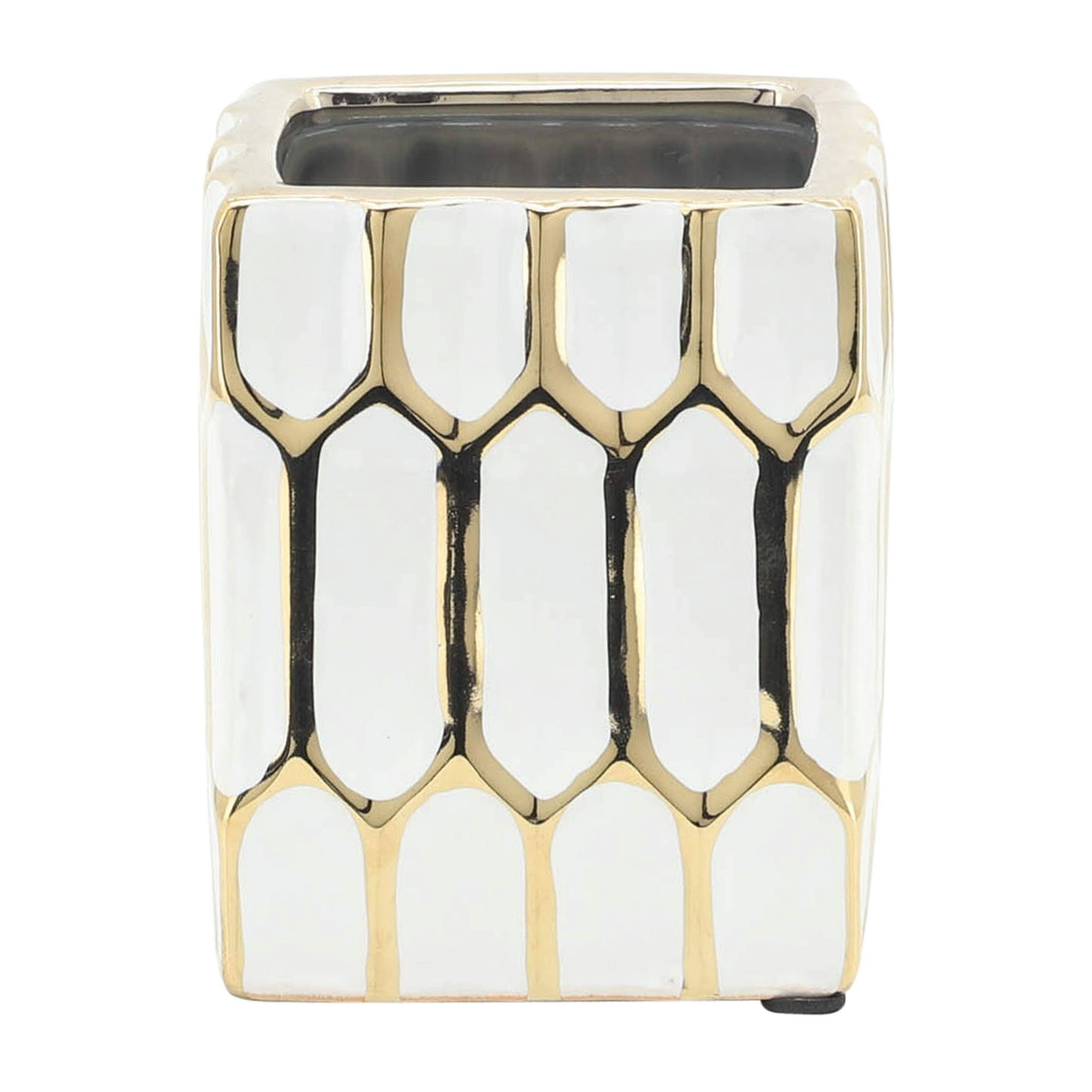 Cer, 4"h Pen Holder, White/gold