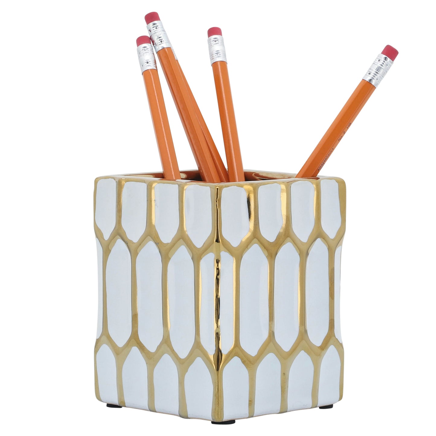 Cer, 4"h Pen Holder, White/gold