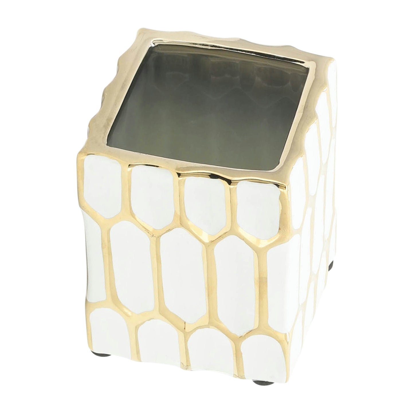 Cer, 4"h Pen Holder, White/gold