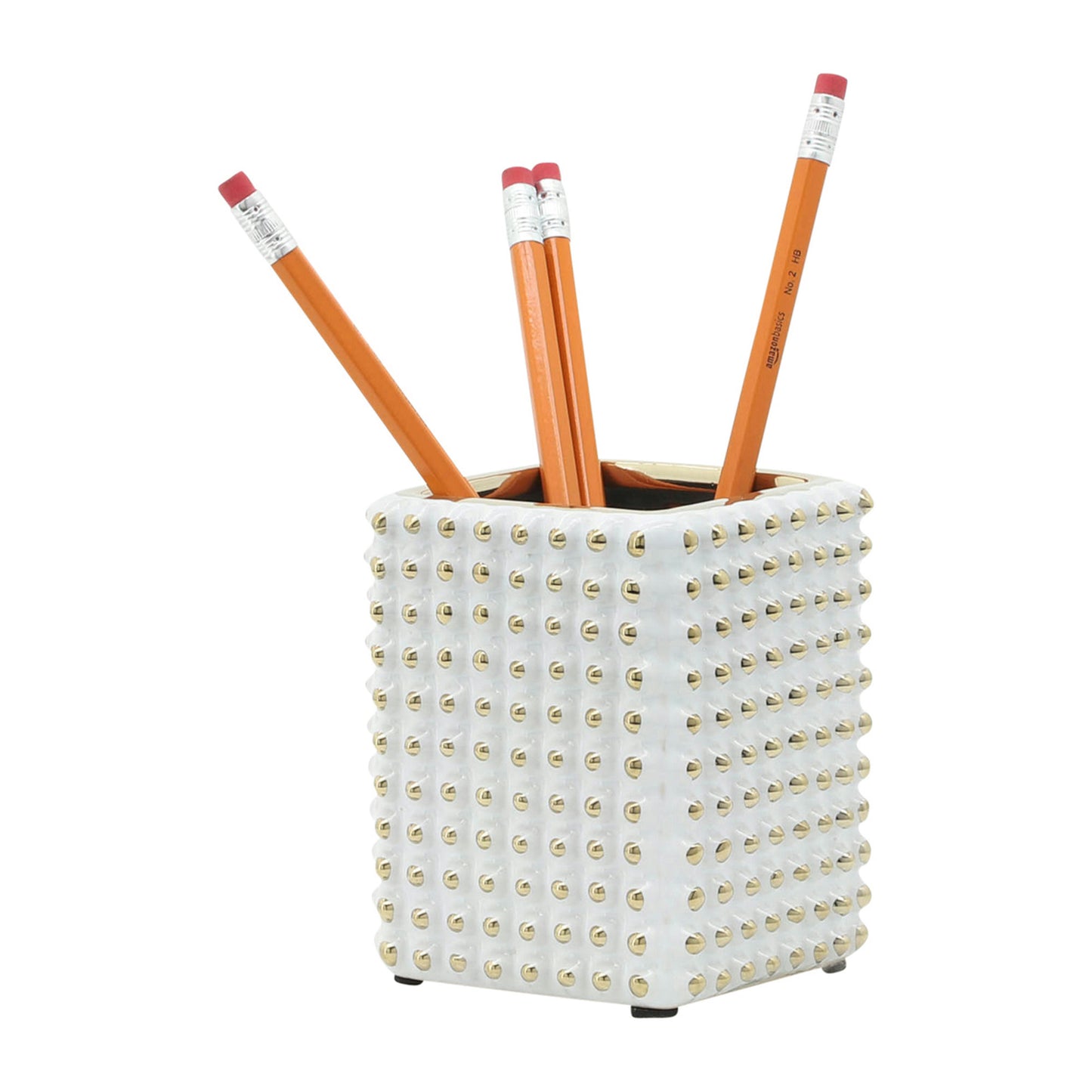 Cer, 4"h Spikey Pen Holder, White/gold