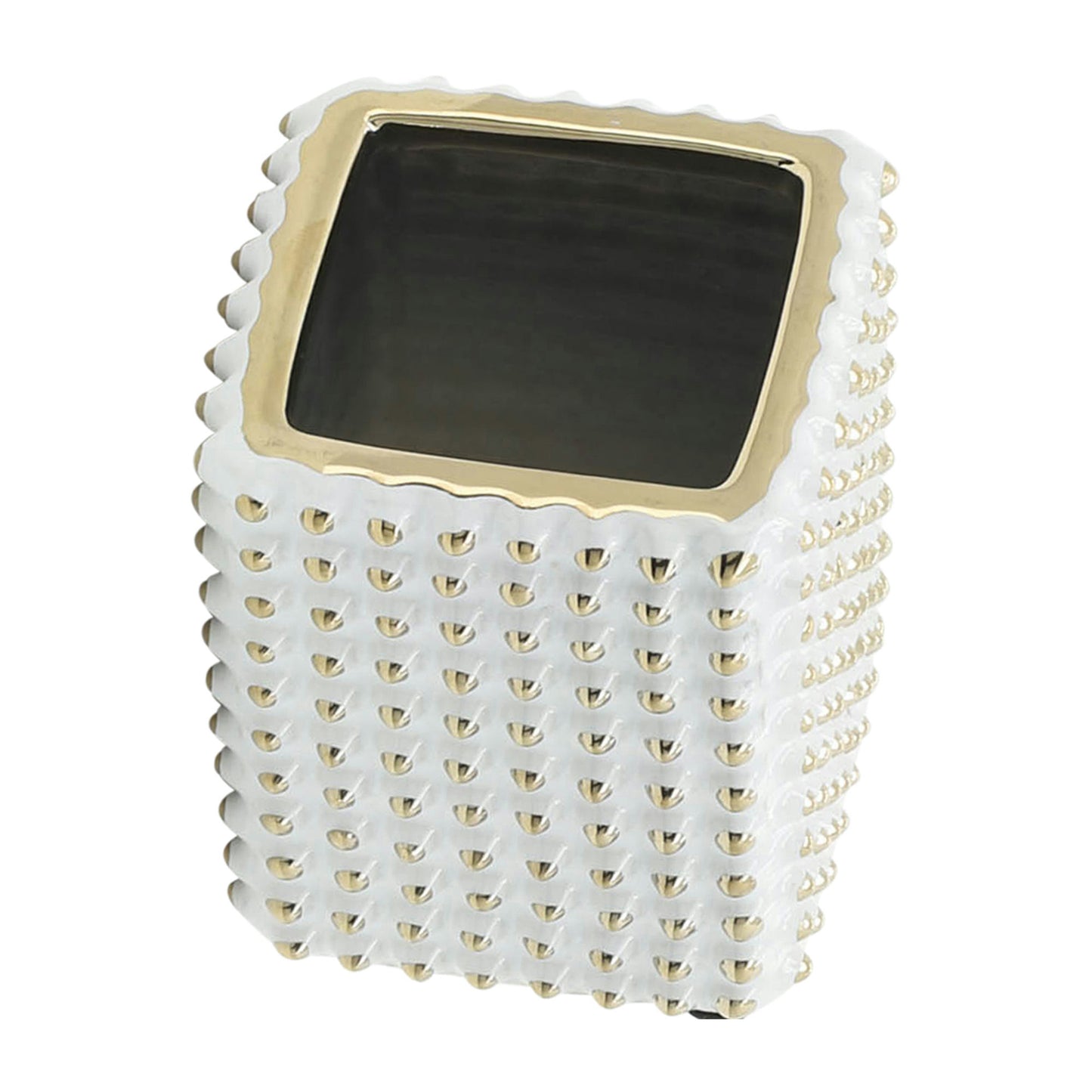 Cer, 4"h Spikey Pen Holder, White/gold