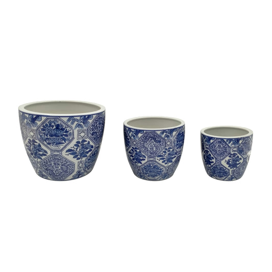 Cer, S/3 6/8/10" Chinoiserie Planters, Blue/white, Flowers