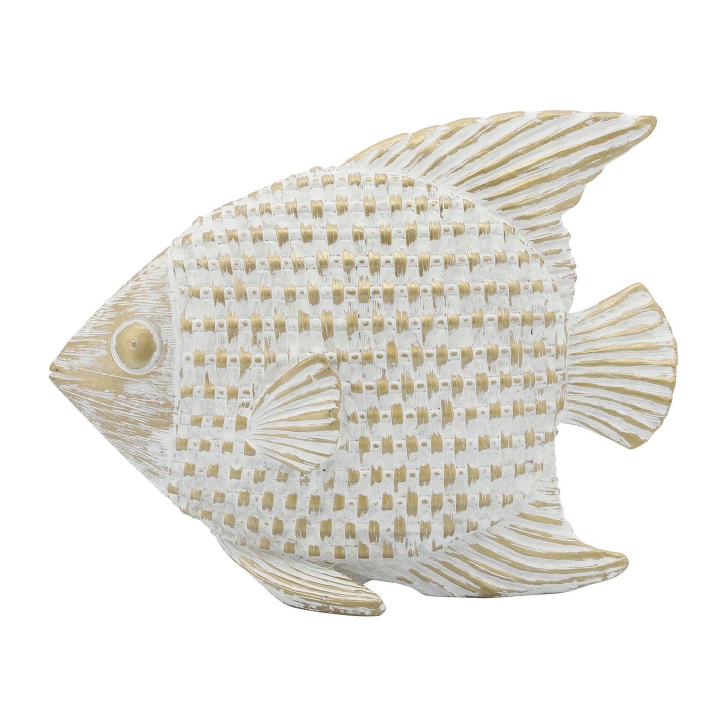 Cer,7"h,standing Fish Deco,wht/gld