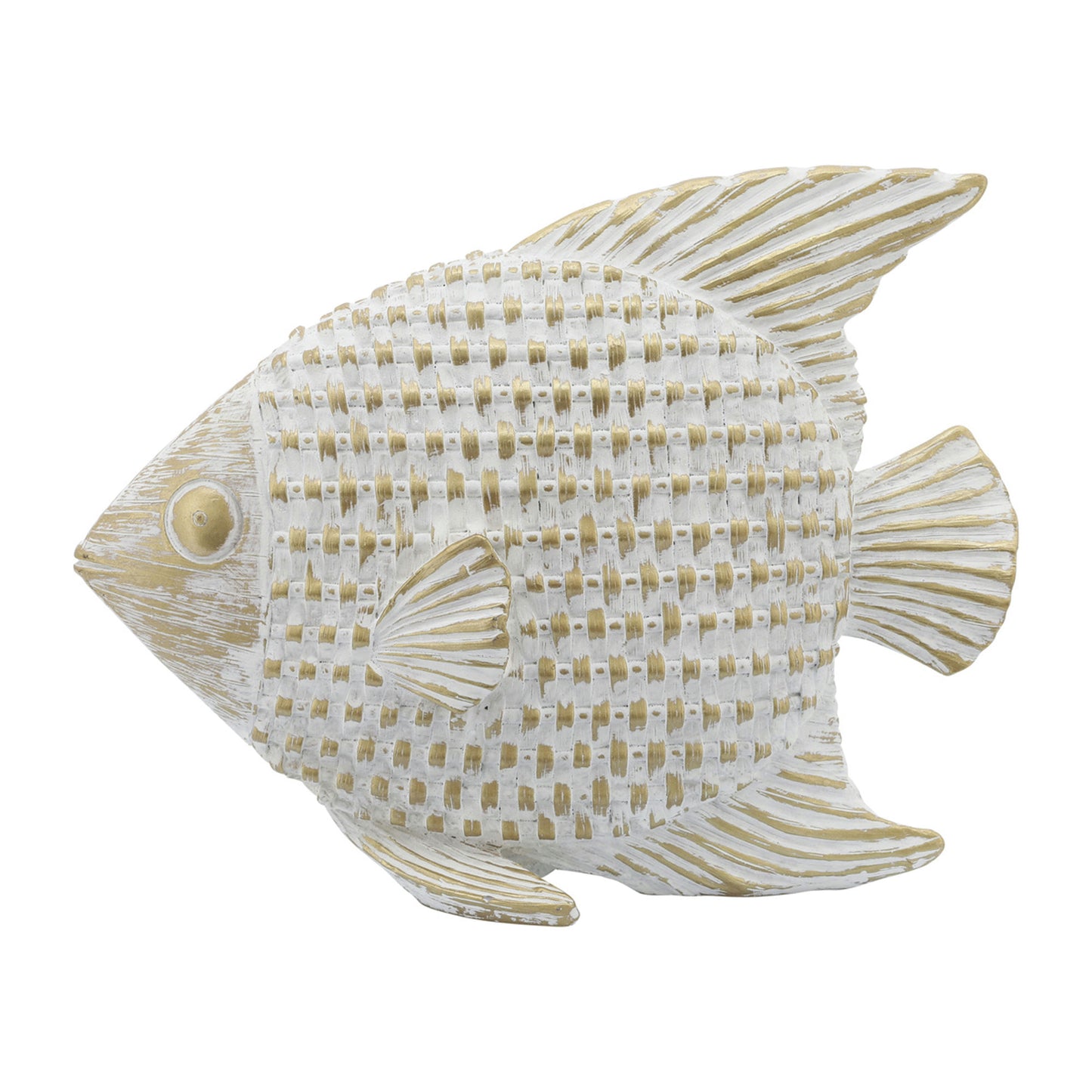 Cer,7"h,standing Fish Deco,wht/gld