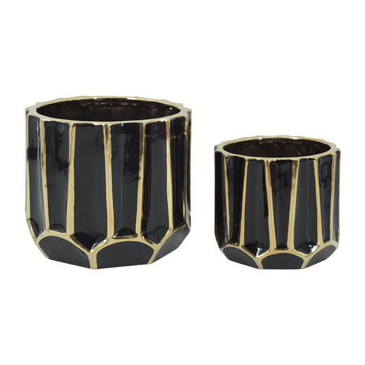 Cer, S/2 6/8" Decorative Planter Black/gold