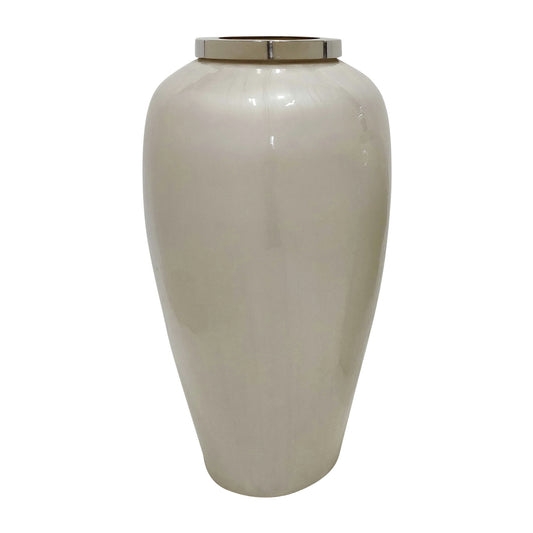 Glass, 20"h Vase W/ Metal Ring, Pearl