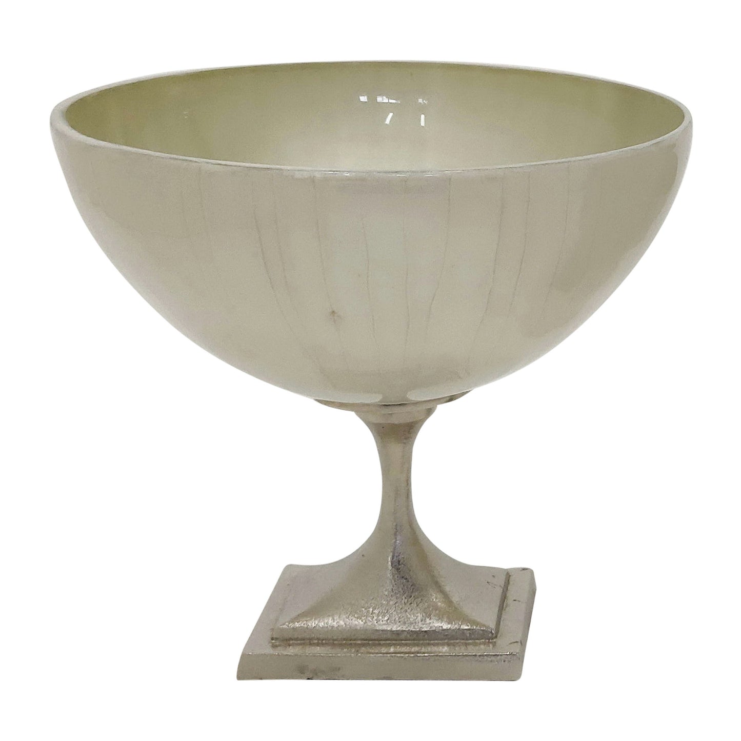 Glass, 11" Bowl W/ Metal Stand, Pearl White