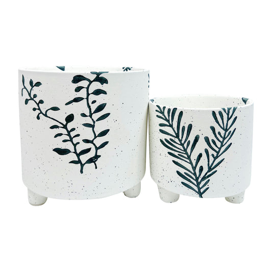 Cer,s/2,6/8", Leaf Footed Planter ,white/green