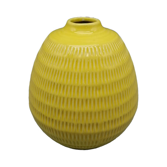 Cer,7",stripe Oval Vase,yellow