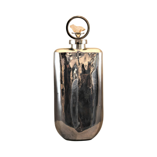 Glass, 16" Metallic Bottle W/ Stone Top, Silver