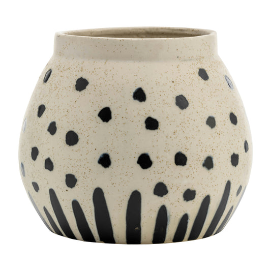 Cer, 7", Round Dotted Pot, Wht/blk