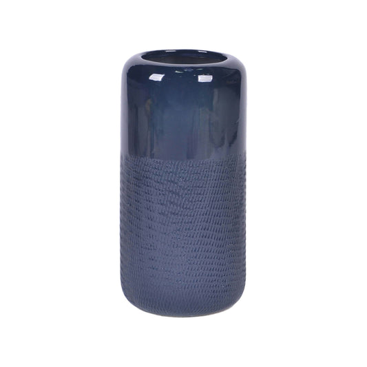 Cer, 10"h Grooved Vase, Navy Blue