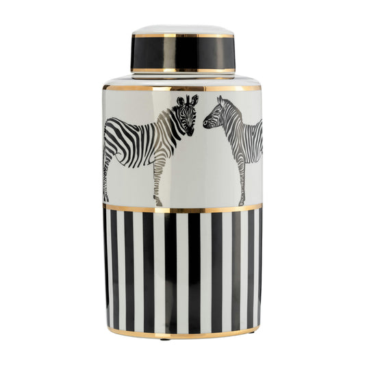 Cer, 16"h Zebra Jar W/ Lid, White/gold