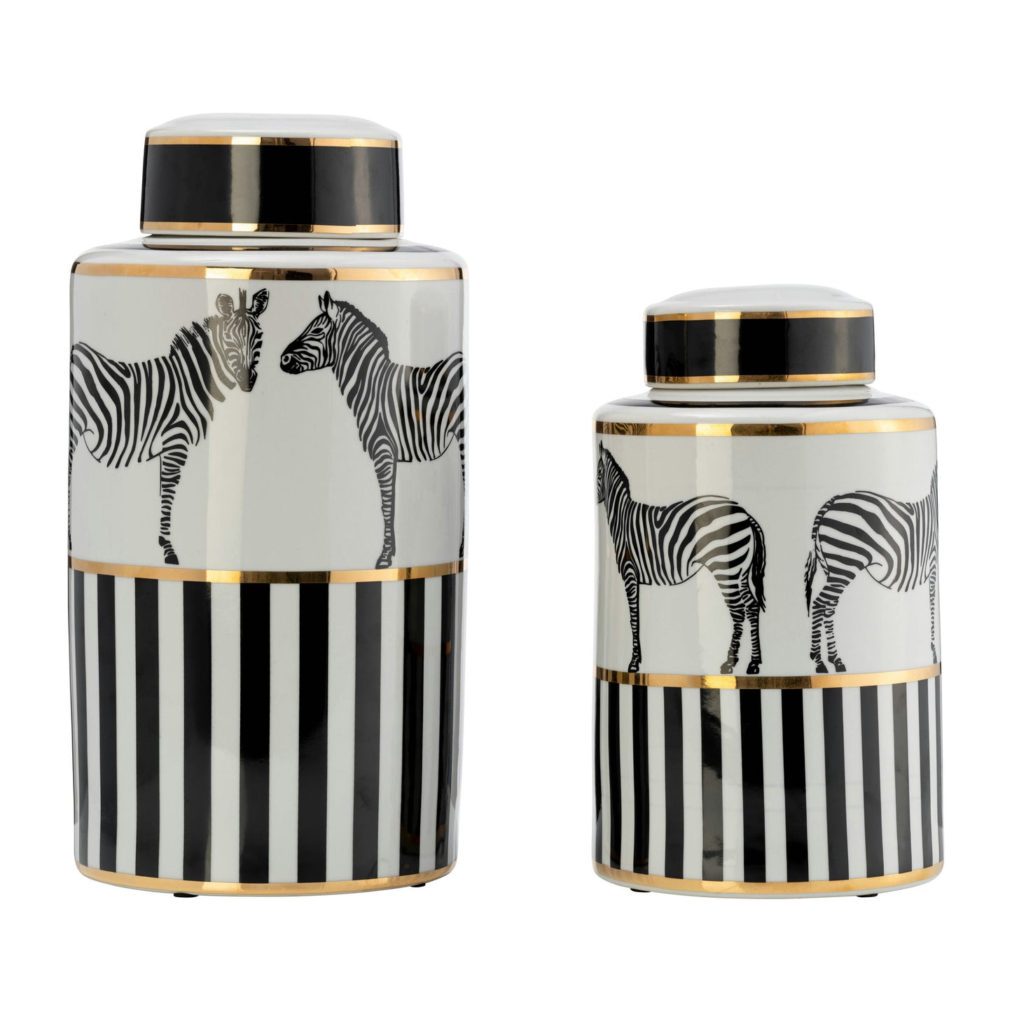 Cer, 16"h Zebra Jar W/ Lid, White/gold