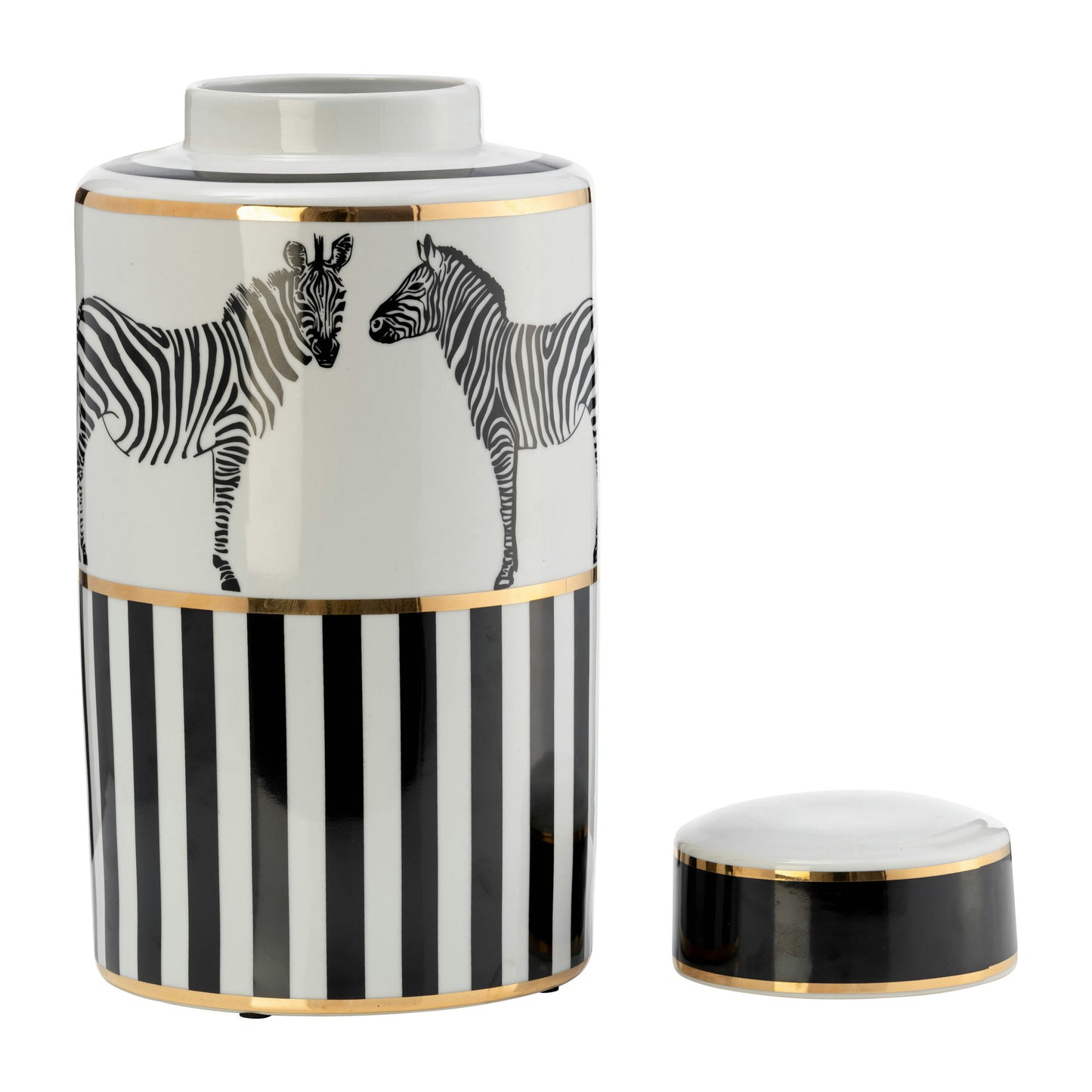 Cer, 16"h Zebra Jar W/ Lid, White/gold