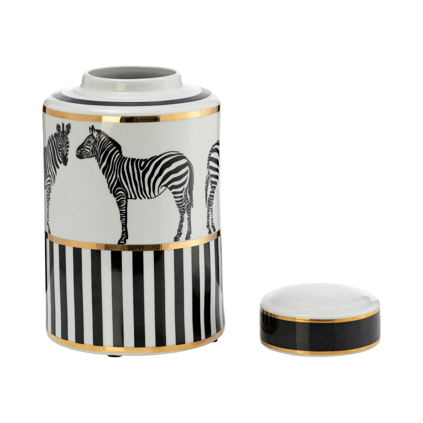 Cer, 12"h Zebra Jar W/ Lid, White/gold