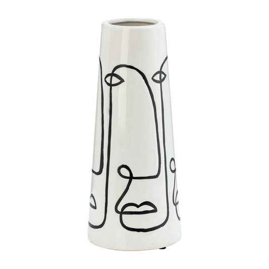 Cer, 11"h Geo Funny Face Flower Vase, Wht/blk
