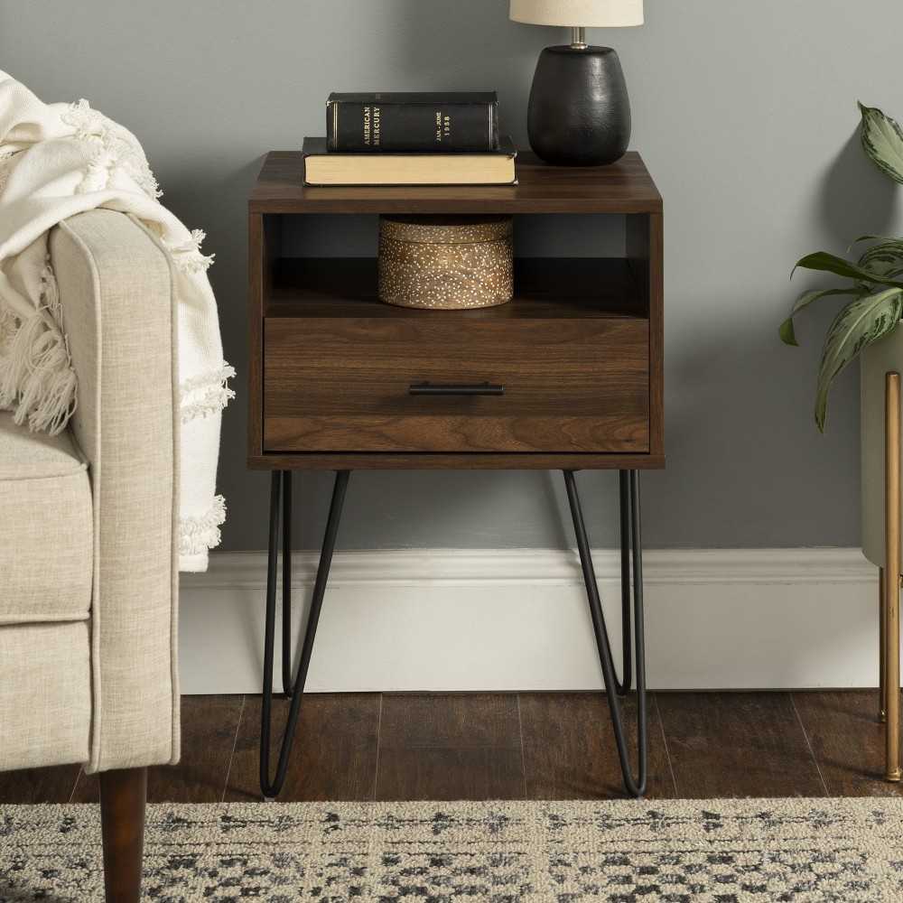 18" Modern Single Drawer Hairpin Leg Nightstand - Dark Walnut