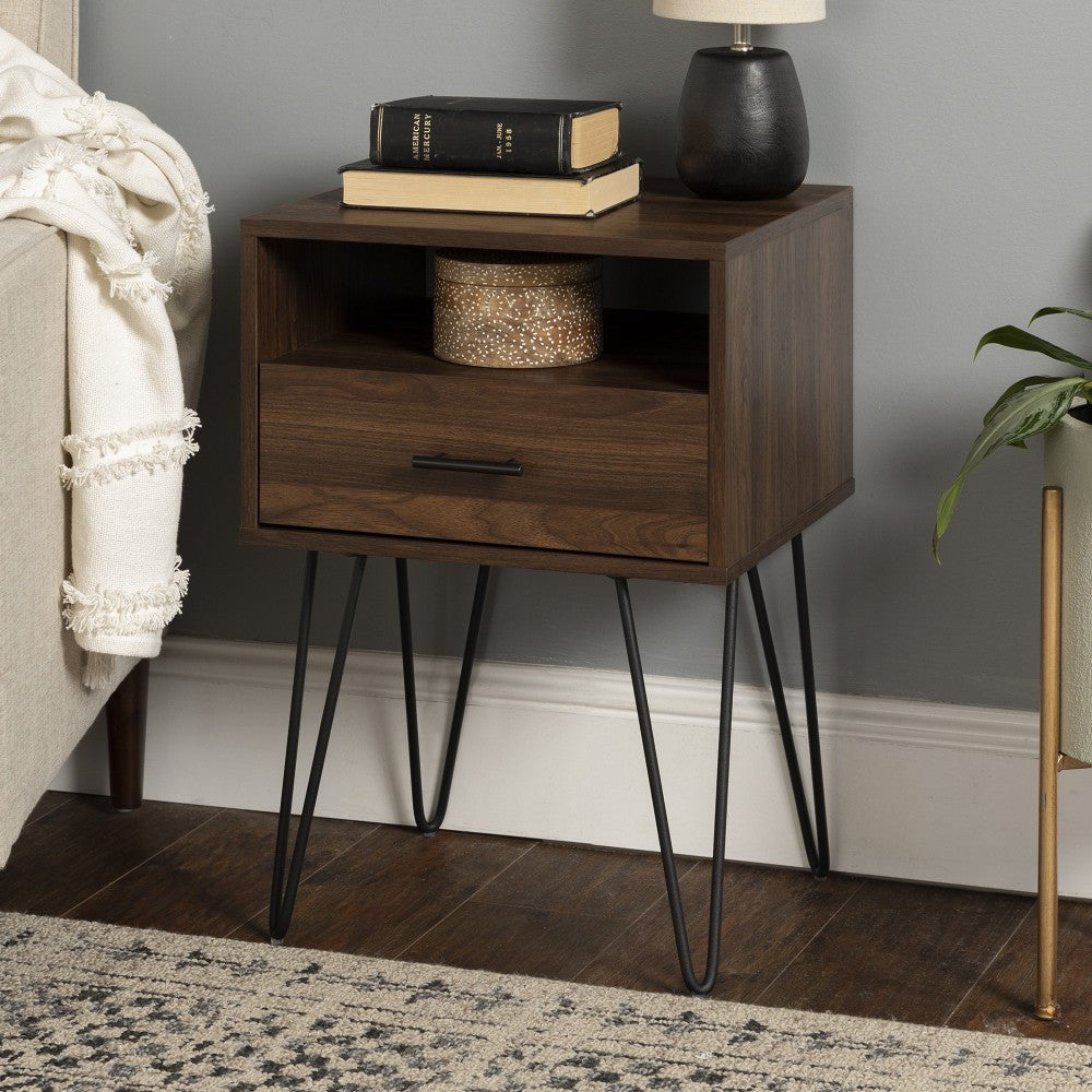 18" Modern Single Drawer Hairpin Leg Nightstand - Dark Walnut