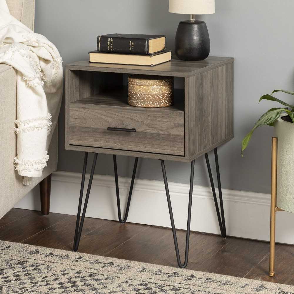 18" Modern Single Drawer Hairpin Leg Nightstand - Slate Gray