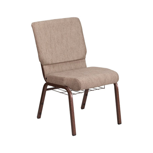 18.5''W Church Chair in Beige Fabric with Book Rack - Copper Vein Frame