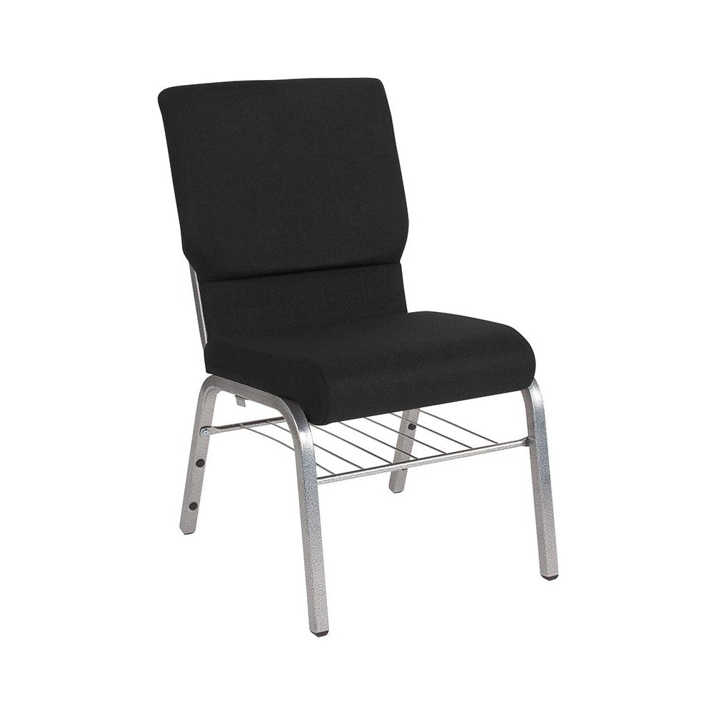 18.5''W Church Chair in Black Fabric with Book Rack - Silver Vein Frame