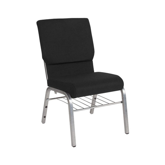 18.5''W Church Chair in Black Fabric with Book Rack - Silver Vein Frame
