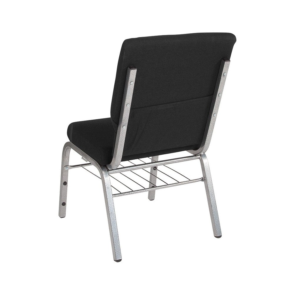 18.5''W Church Chair in Black Fabric with Book Rack - Silver Vein Frame